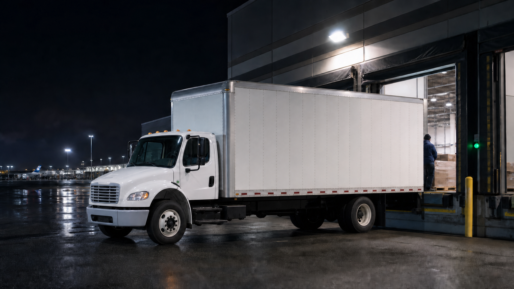Representative image of a neutral-cab 24-foot dry box truck at a Midwest cargo dock