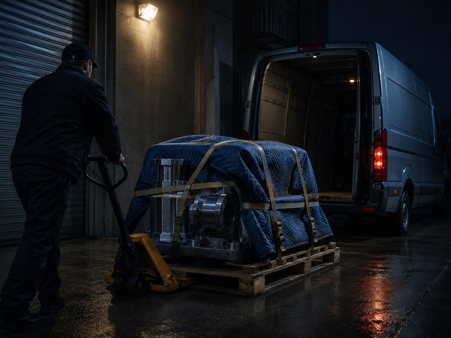 Representative image of a blanket-wrapped precision component strapped to a pallet being moved into an unbranded cargo van at night