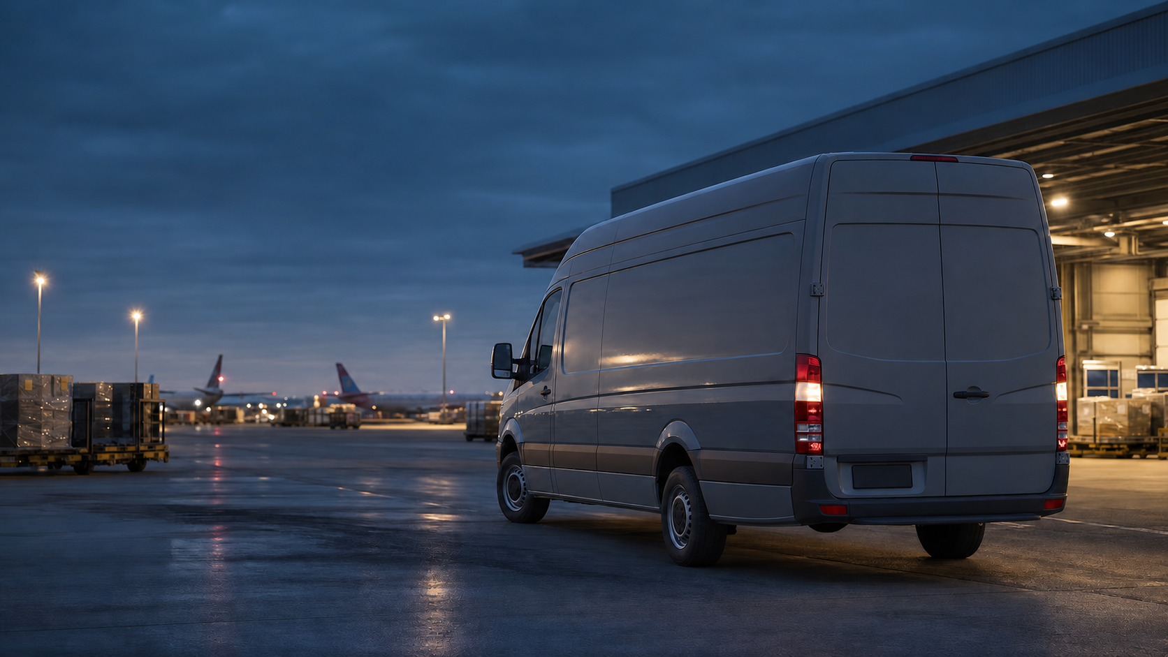 Representative image of a gray Sprinter cargo van at an air-cargo facility at blue hour